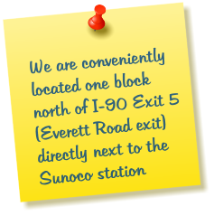 We are conveniently located one block north of I-90 Exit 5 (Everett Road exit) directly next to the Sunoco station